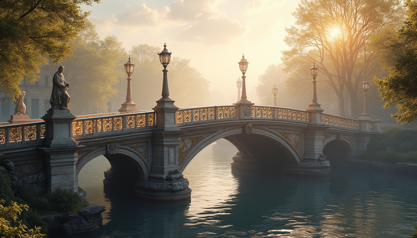 Prompt: Elegant bridge, ornate railings, neoclassical arches, intricate carvings, ornamental lamp posts, grandiose pillars, rusticated stonework, majestic statues, flowing curves, symmetrical composition, warm golden lighting, soft misty atmosphere, serene river views, lush greenery, ornamental ironwork, classic balusters, refined stonemasonry, subtle water reflections, 1/2 composition, shallow depth of field.