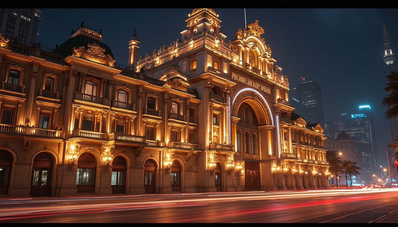 Prompt: \Grand concert house facade, ornate balconies, lavish lighting fixtures, gleaming metallic accents, rich wood tones, intricate stone carvings, sweeping curves, dramatic arches, vibrant urban landscape, bustling city streets, nighttime ambiance, soft warm glow, shallow depth of field, 1/1 composition, realistic textures, ambient occlusion.\Let me know if you need any adjustments!