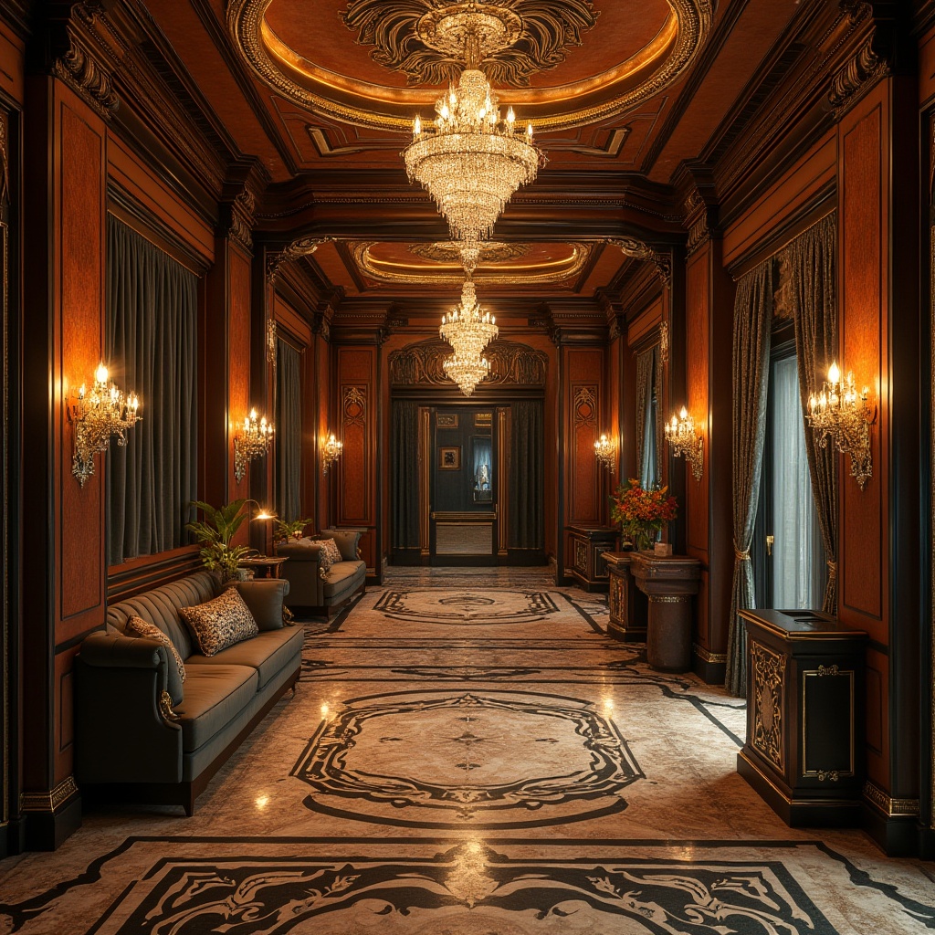 Prompt: Luxurious Art Deco villa, ornate metalwork, inlaid wood paneling, polished chrome fixtures, velvet drapes, marble flooring, geometric patterned rugs, crystal chandeliers, lavish furnishings, metallic accents, opulent textiles, rich jewel tones, warm golden lighting, dramatic shadows, high contrast composition, cinematic atmosphere, intricate details, vintage glamour, exotic motifs.