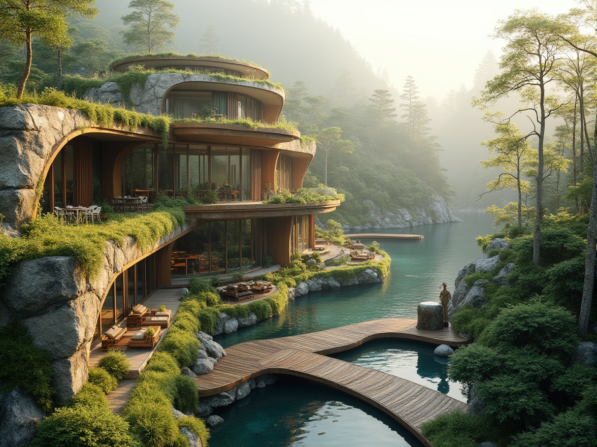 Prompt: Curved building facade, green roofs, lush vegetation, natural stone walls, wooden decks, outdoor seating areas, scenic viewpoints, infinity pools, reflective water features, misty mornings, warm sunny days, soft ambient lighting, shallow depth of field, 3/4 composition, panoramic views, realistic textures, ambient occlusion, organic architecture, biophilic design, sustainable materials, energy-efficient systems, rainwater harvesting, grey water reuse, native plant species, meandering walkways, rustic wooden bridges.