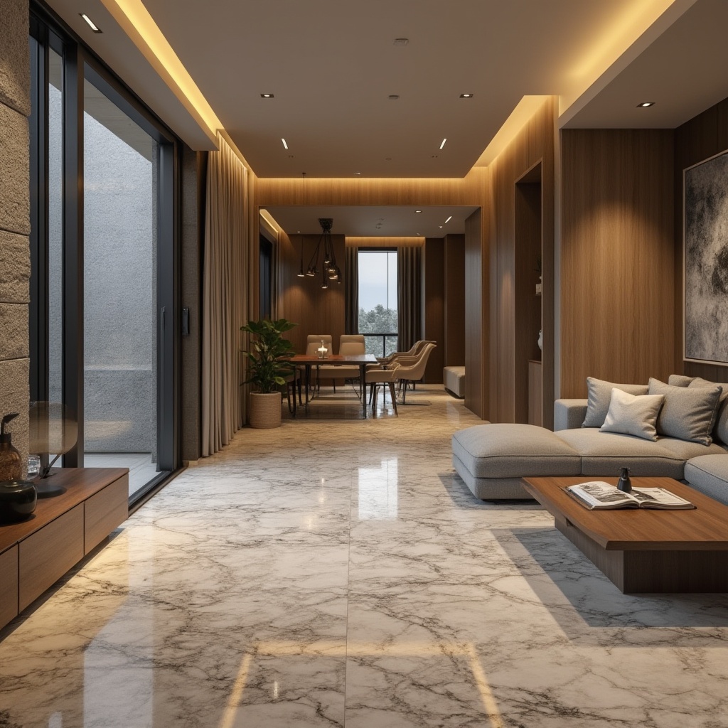 Prompt: Luxurious interior design, granite flooring, polished stone surfaces, sophisticated textures, neutral color palette, modern minimalist style, sleek lines, high-gloss finish, ambient lighting, soft shadows, realistic reflections, 1/1 composition, shallow depth of field, warm atmosphere, cozy living space, elegant decor, refined luxury.