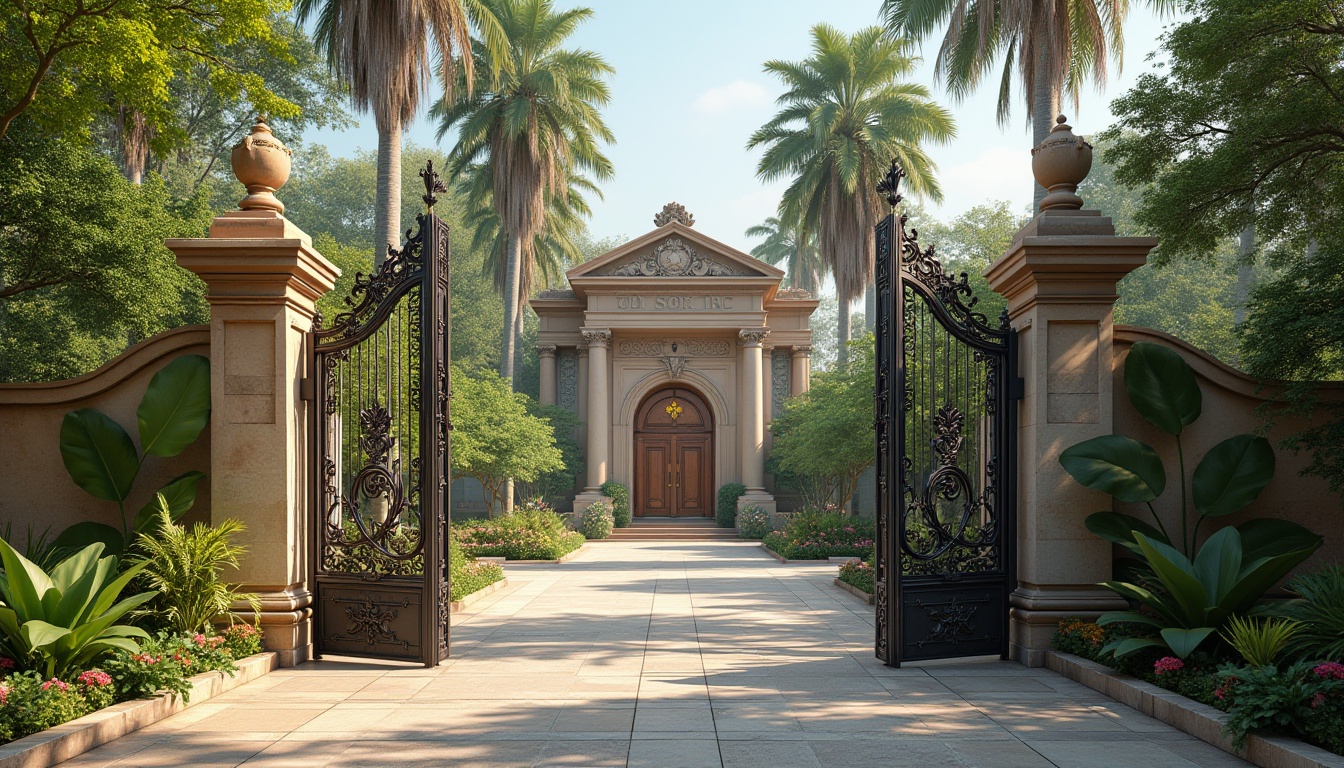 Prompt: Majestic zoo entrance, grandiose columns, ornate stone carvings, intricately designed iron gates, lush greenery, exotic palm trees, vibrant flower arrangements, natural stone pathways, classicist facade, symmetrical composition, balanced proportions, rustic stone walls, wooden doors, elegant archways, soft warm lighting, shallow depth of field, 1/1 composition, panoramic view, realistic textures, ambient occlusion.