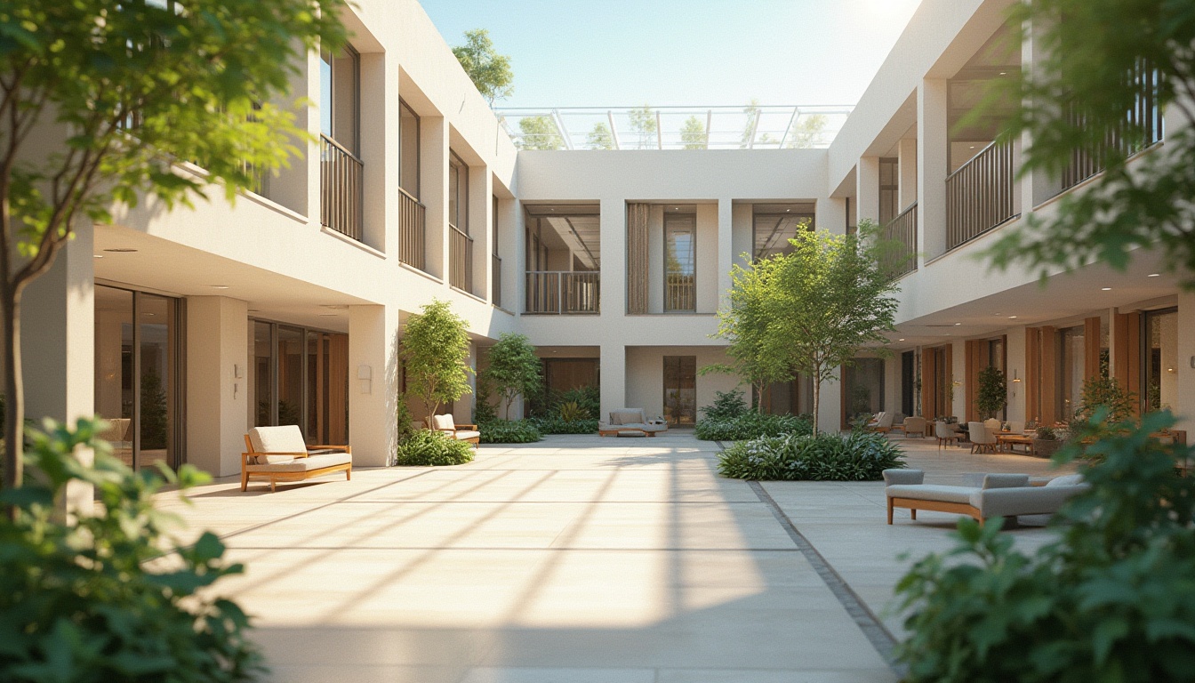 Prompt: Serene hospital courtyard, lush greenery, natural stone walls, large windows, clerestory roofs, skylights, solar tubes, reflective surfaces, minimal obstructions, open floor plans, spacious waiting areas, calming color schemes, warm beige tones, soft wooden accents, comfortable seating, gentle curvatures, minimalist decor, abundant daylight, soft diffused lighting, shallow depth of field, 1/1 composition, realistic textures, ambient occlusion.