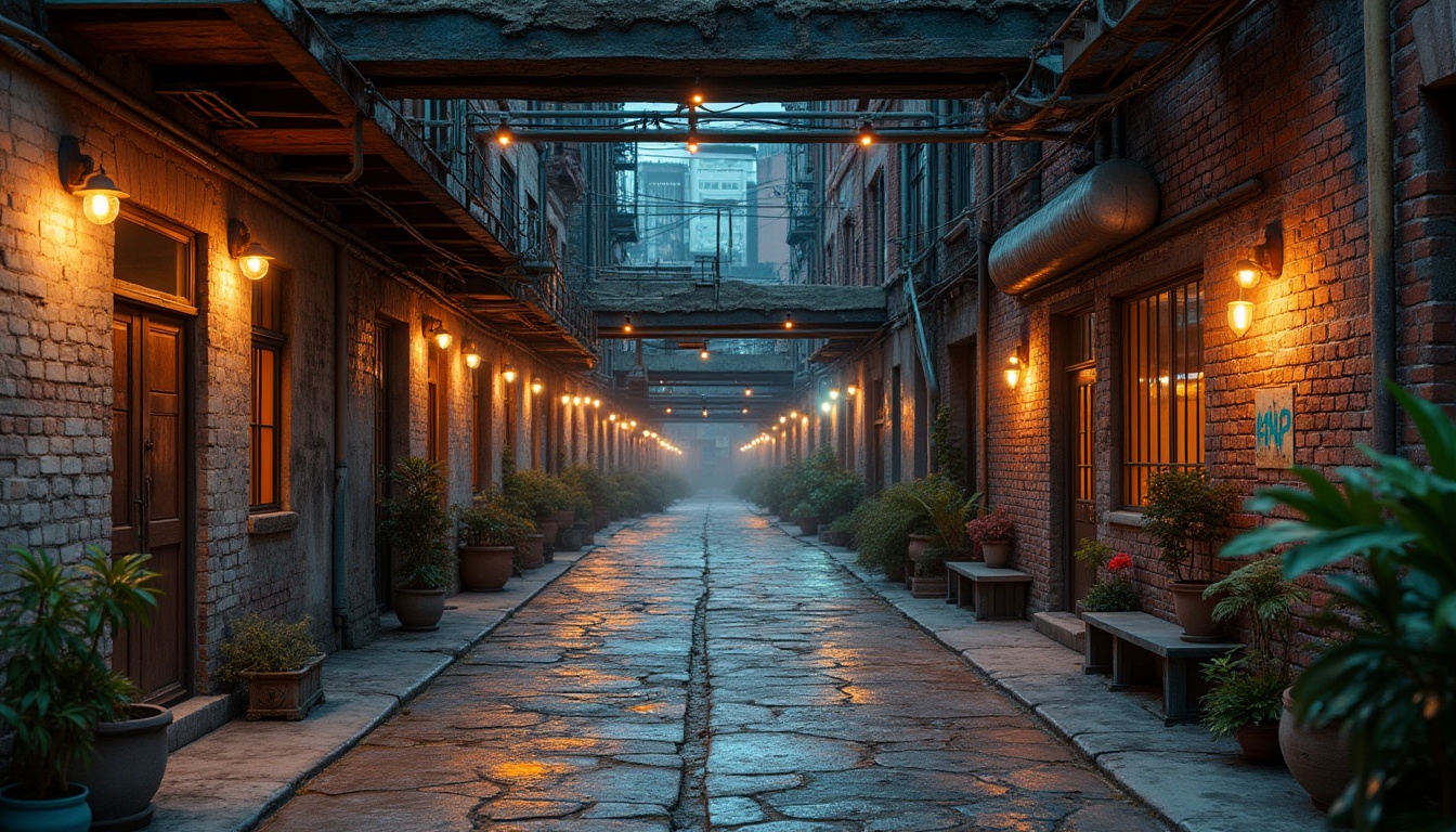 Prompt: Rustic urban landscape, worn brick facades, distressed concrete walls, metallic sheen, reflective glass surfaces, rough stone paving, weathered wood accents, industrial metal beams, exposed ductwork, vibrant street art, gritty urban atmosphere, dramatic nighttime lighting, shallow depth of field, 2/3 composition, cinematic view, realistic textures, ambient occlusion.