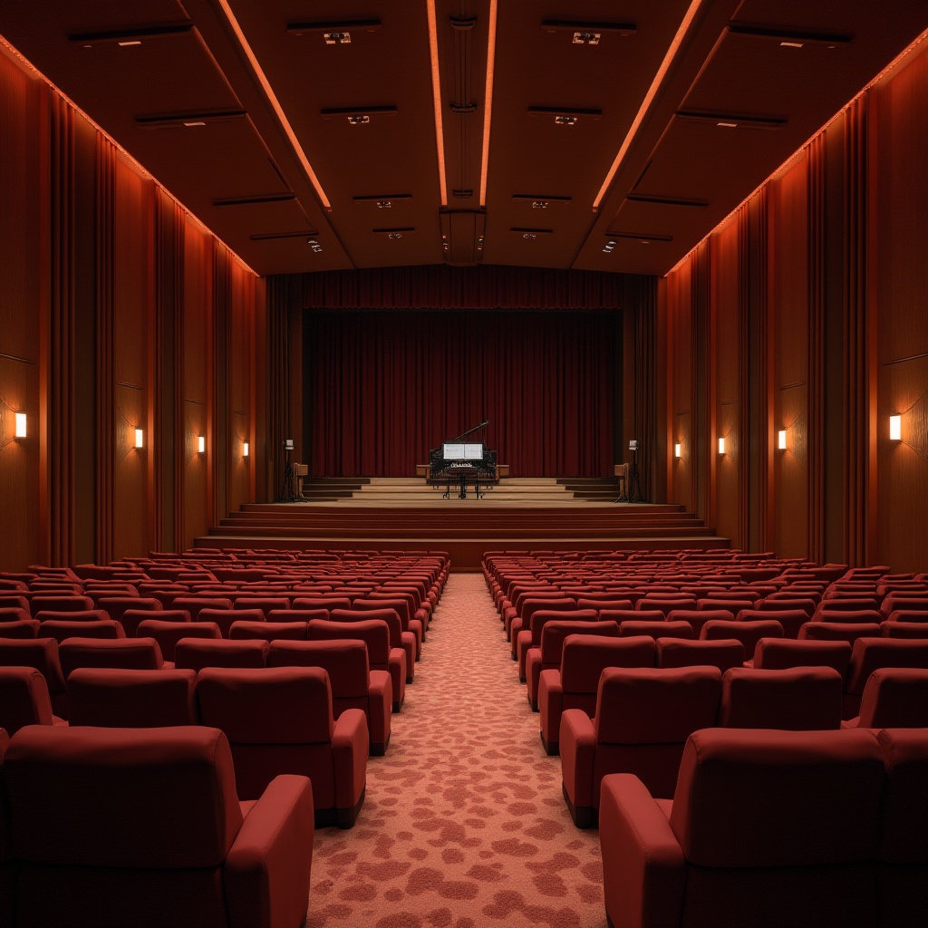 Prompt: Intimate concert hall, rich wood accents, velvet curtains, premium soundproofing materials, precise speaker placement, state-of-the-art audio equipment, ergonomic seating, subtle ambient lighting, 1/1 composition, shallow depth of field, warm soft focus, realistic textures, ambient occlusion.