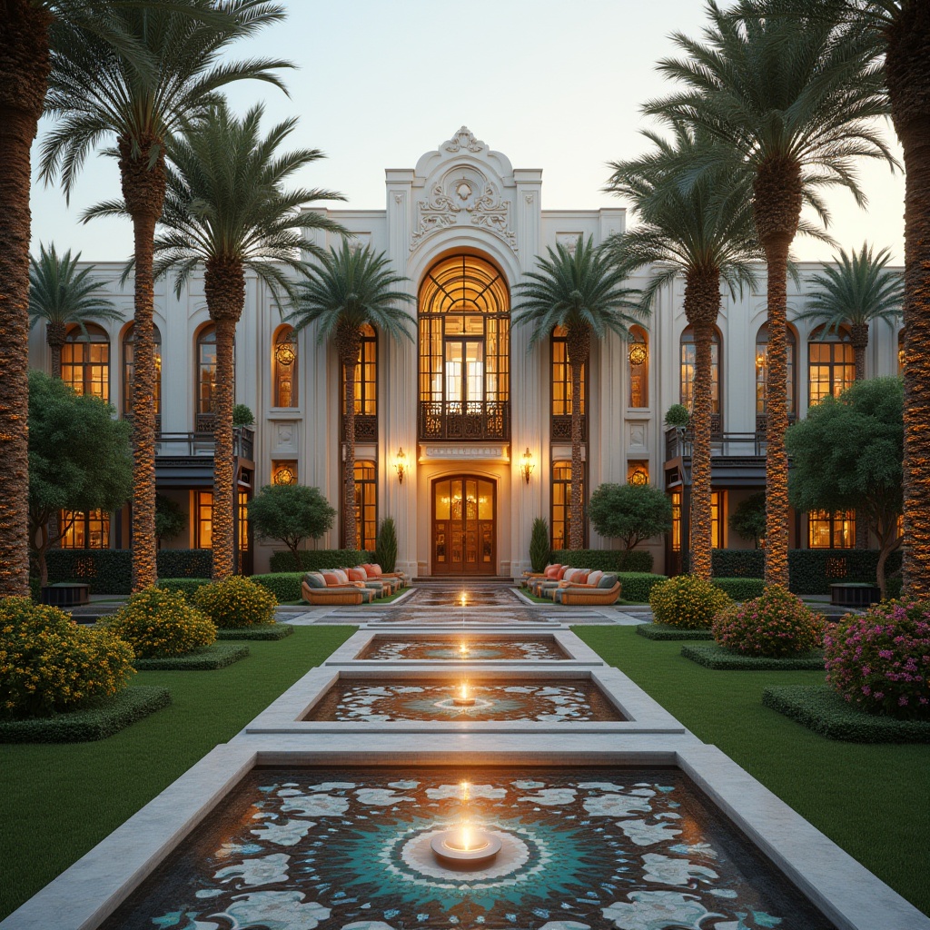 Prompt: Elegant Art Deco building facade, ornate metalwork details, symmetrical gardens, manicured lawns, exotic palm trees, vibrant floral arrangements, geometric patterned walkways, mosaic tiled fountains, sunken seating areas, luxurious outdoor furniture, ambient uplighting, warm golden lighting, shallow depth of field, 1/1 composition, realistic textures, atmospheric perspective.