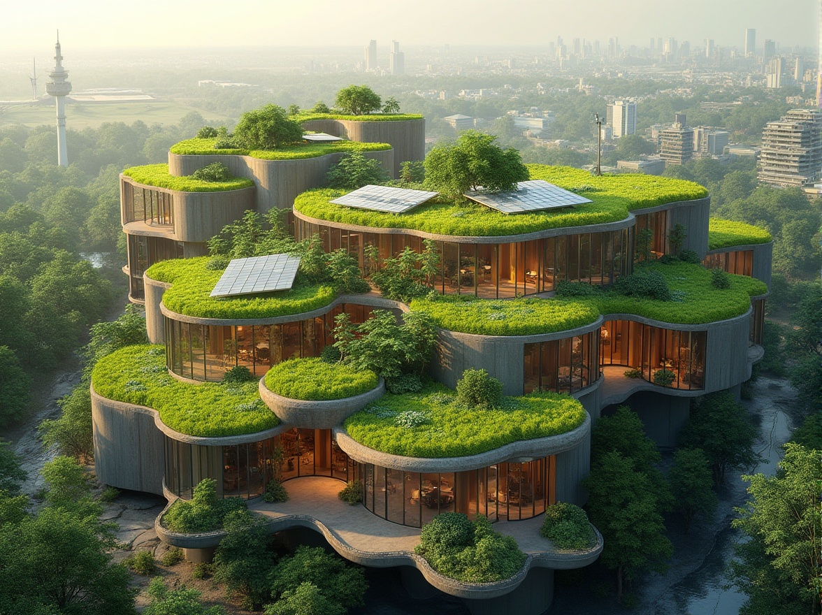 Prompt: Eco-friendly building, lush green roofs, solar panels, wind turbines, rainwater harvesting systems, recycled materials, energy-efficient windows, natural ventilation, bamboo flooring, reclaimed wood accents, living walls, urban gardens, modern minimalist design, curved lines, organic shapes, earthy color palette, warm soft lighting, shallow depth of field, 1/1 composition, realistic textures, ambient occlusion.