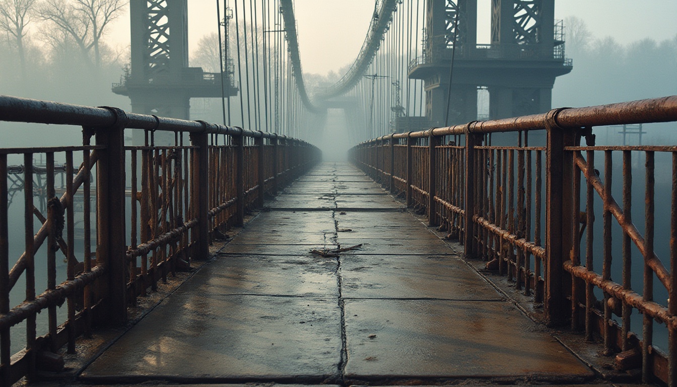 Prompt: Rustic steel bridges, industrial architecture, weathered metal textures, reinforced concrete pillars, sturdy cable systems, suspended walkways, riverbank settings, misty mornings, soft natural lighting, 1/2 composition, atmospheric perspective, realistic rust effects, ambient occlusion.