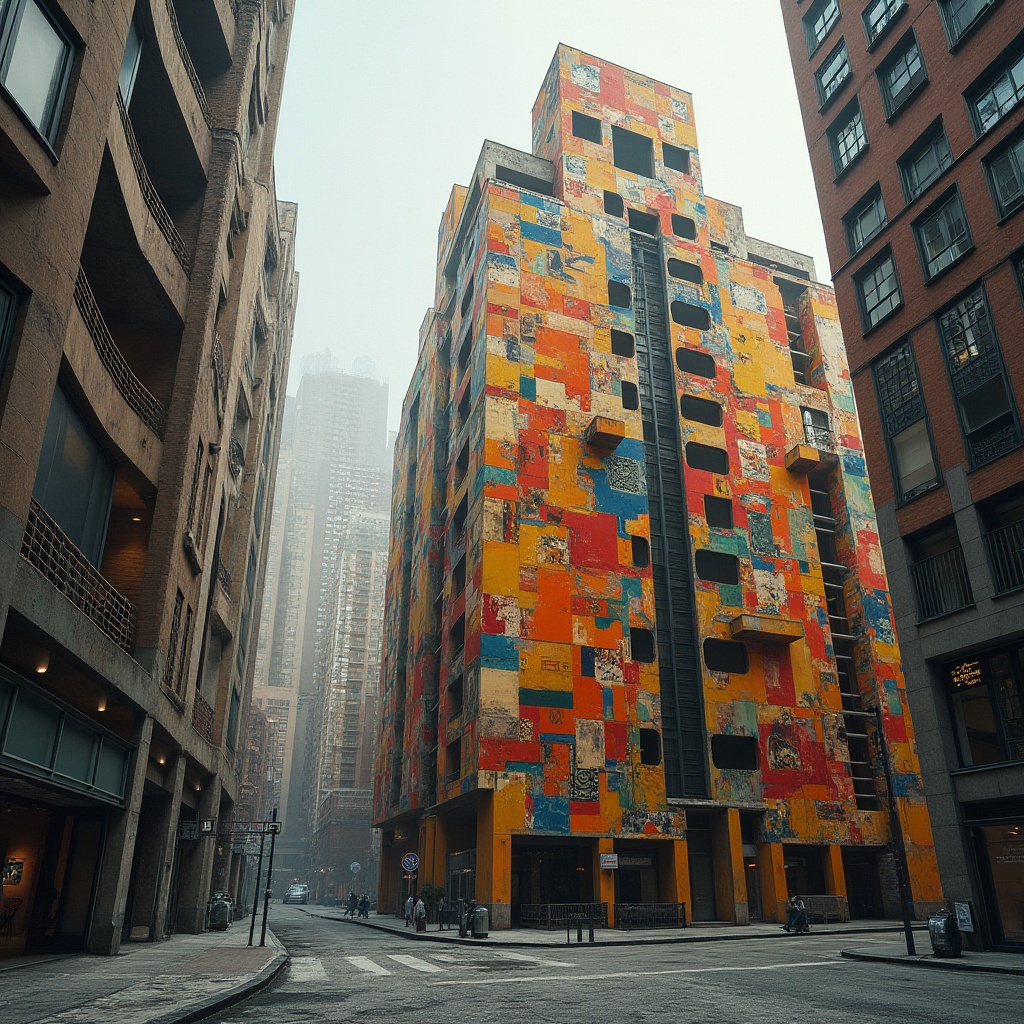 Prompt: Vibrant constructivist buildings, bold geometric shapes, abstract murals, colorful mosaic patterns, metallic accents, industrial materials, urban cityscape, modern skyscrapers, brutalist structures, dramatic lighting effects, high-contrast shadows, cinematic composition, 1/2 shot, low-angle view, atmospheric fog, gritty textures, ambient occlusion.