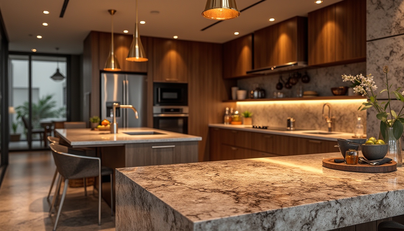 Prompt: Luxurious interior design, polished granite countertops, high-gloss finish, rich earthy tones, natural stone textures, modern kitchen island, sleek cabinetry, stainless steel appliances, pendant lighting, ambient warm lighting, shallow depth of field, 1/1 composition, realistic reflections, detailed normal maps.