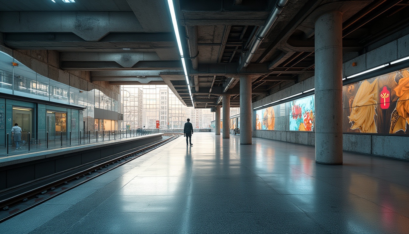 Prompt: Modern metro station, industrial-chic design, exposed concrete walls, metallic beams, polished granite floors, LED lighting, futuristic ambiance, sleek glass railings, urban cityscape views, morning rush hour atmosphere, soft natural light, shallow depth of field, 1/2 composition, realistic reflections, ambient occlusion, rough stone textures, cold steel accents, warm wood tones, abstract graffiti patterns, vibrant neon signs.