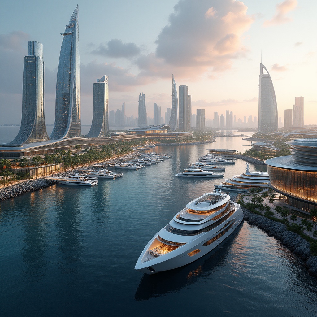 Prompt: Futuristic waterfront, sleek glass towers, curved lines, metallic reflections, LED lighting, ocean views, sea breeze, wave-inspired architecture, modern harbors, yachting facilities, luxury apartments, rooftop pools, green roofs, solar panels, wind turbines, eco-friendly materials, minimalist design, 3/4 composition, panoramic view, realistic textures, ambient occlusion, dramatic sunset, soft warm lighting, shallow depth of field.