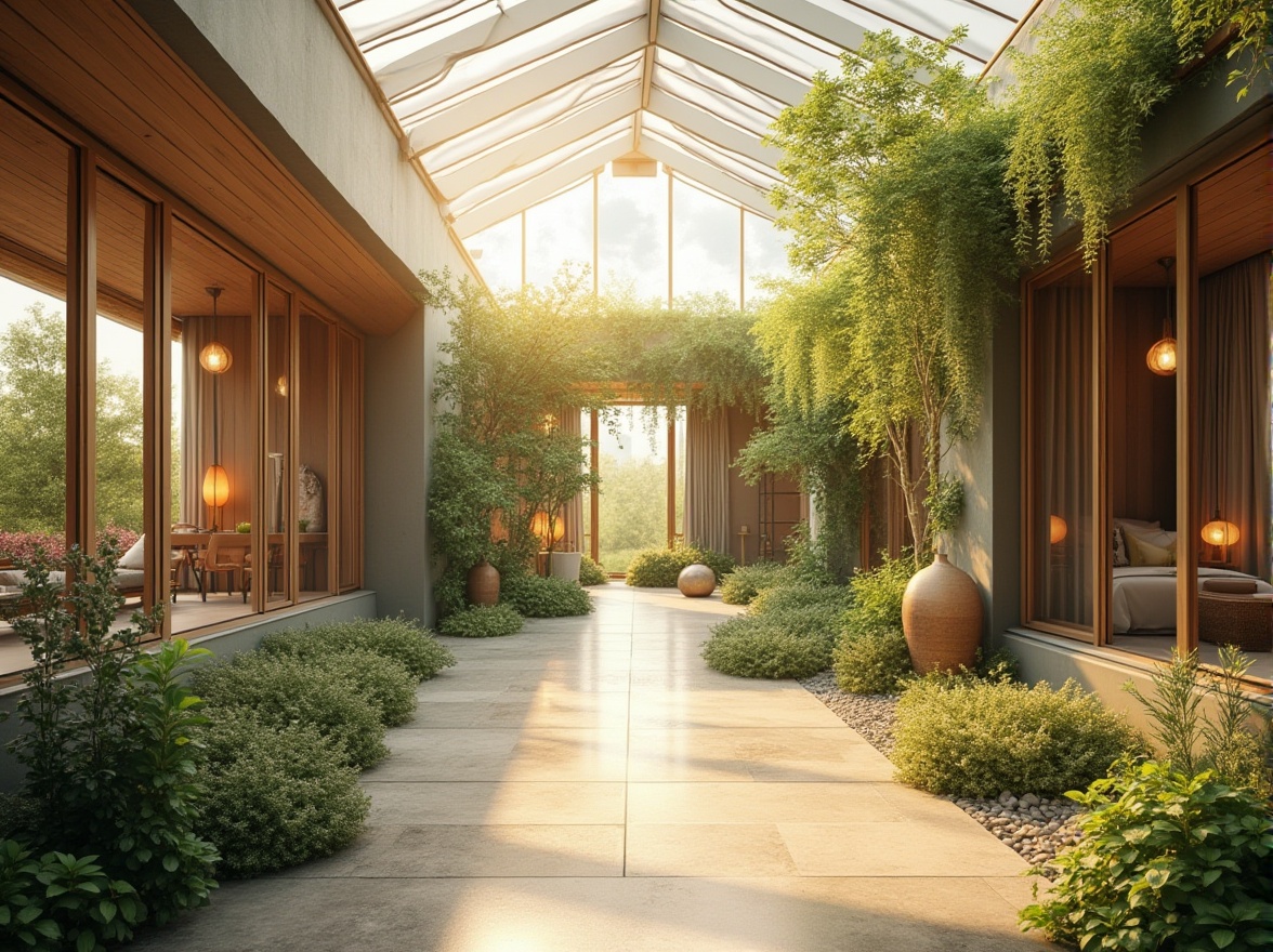 Prompt: Soft warm glow, large windows, minimal shading devices, reflective surfaces, transparent glass roofs, clerestory windows, skylights, open floor plans, airy spaces, natural ventilation systems, earthy tones, organic textures, wooden accents, green walls, lush foliage, blooming flowers, sunny day, gentle breeze, 1/1 composition, shallow depth of field, realistic renderings, ambient occlusion.