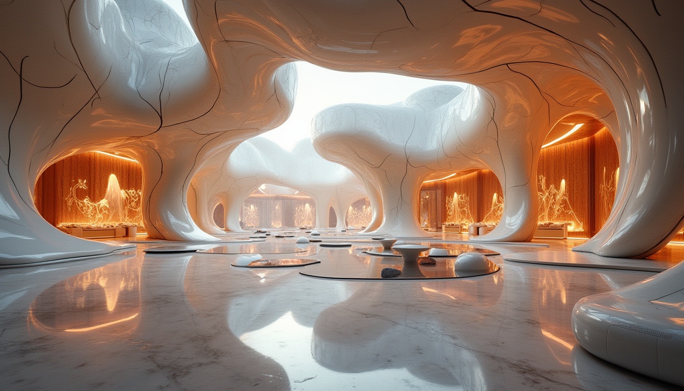 Prompt: Organic curves, flowing lines, undulating shapes, futuristic architecture, sleek metallic surfaces, iridescent glass facades, soft warm lighting, shallow depth of field, 3/4 composition, panoramic view, realistic textures, ambient occlusion, luxury materials, high-end finishes, opulent interior design, lavish decorations, ornate details, elegant furnishings, sophisticated ambiance, refined atmosphere.