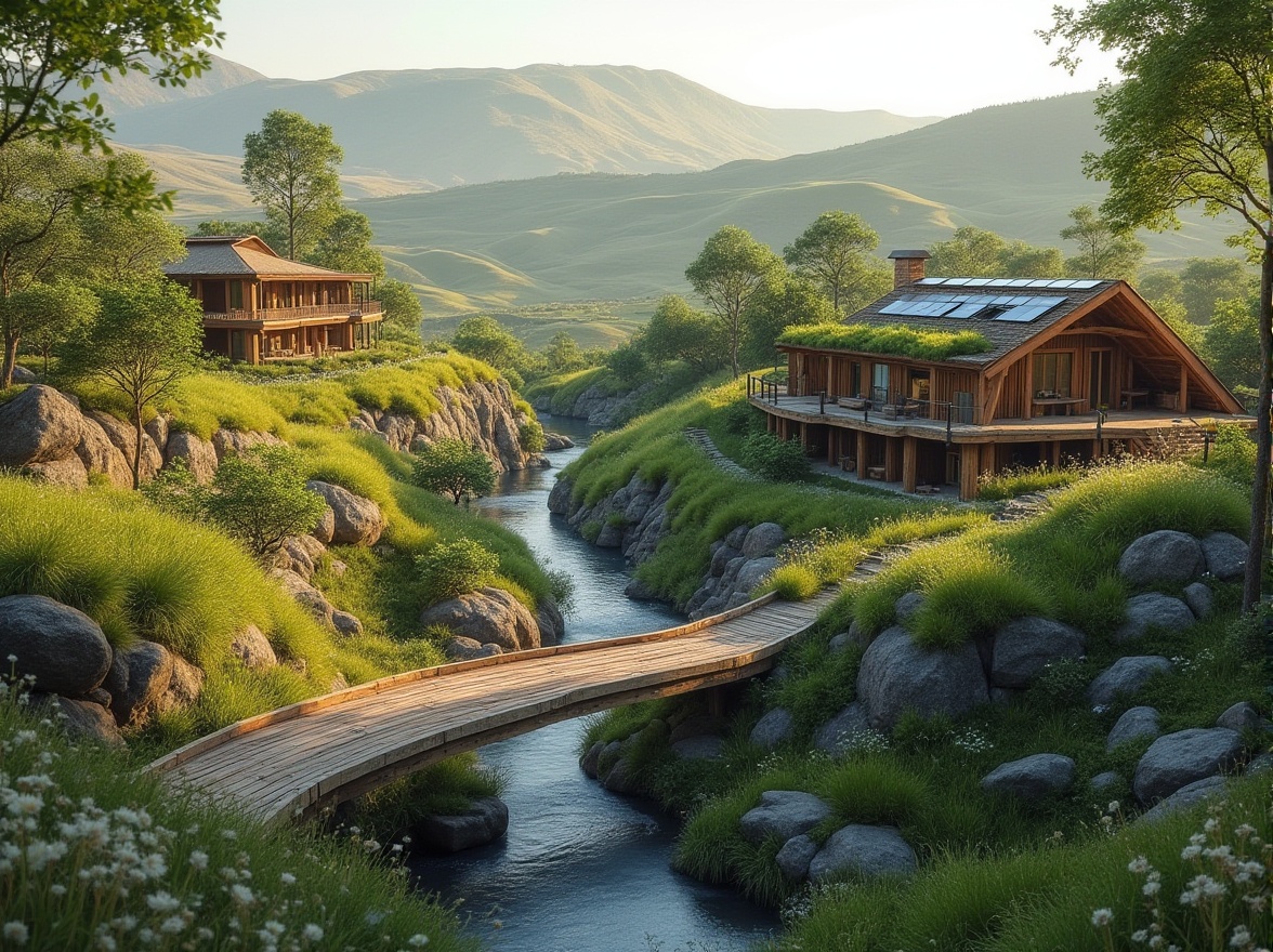 Prompt: Harmonious landscape integration, rolling hills, meandering streams, lush greenery, native plants, wildflowers, rustic wooden bridges, weathered stone walls, curved lines, organic architecture, earthy tones, natural materials, reclaimed wood, living roofs, green fa\u00e7ades, solar panels, rainwater harvesting systems, minimalistic design, seamless transitions, blurred boundaries, soft warm lighting, shallow depth of field, 2/3 composition, serene atmosphere, realistic textures, ambient occlusion.