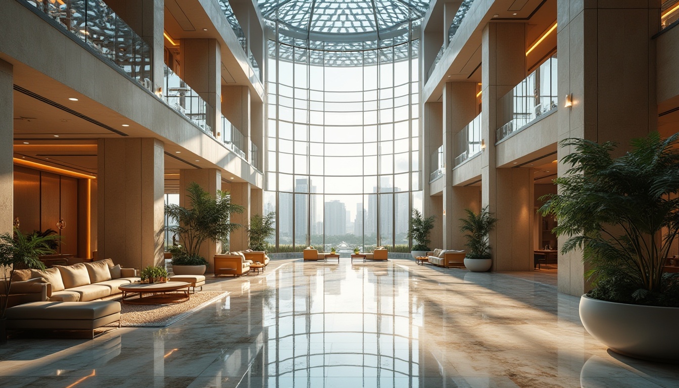 Prompt: Luxurious hotel lobby, grand atrium, transparent glass ceiling, natural light pouring in, sleek modern furniture, polished marble floors, minimalist decor, floor-to-ceiling windows, cityscape views, bustling streets, urban landscape, warm ambient lighting, shallow depth of field, 1/2 composition, realistic reflections, detailed textures.