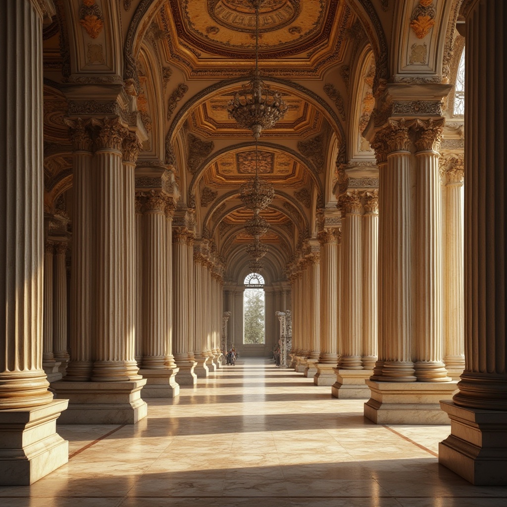 Prompt: Ornate columns, carved marble, fluted shafts, ornamental capitals, classical pedestals, symmetrical facades, grand entranceways, imposing archways, vaulted ceilings, richly textured walls, intricate moldings, gilded accents, luxurious fabrics, elegant chandeliers, warm golden lighting, high-contrast shading, detailed textures, realistic reflections, 1/2 composition, dramatic perspective, atmospheric depth of field.