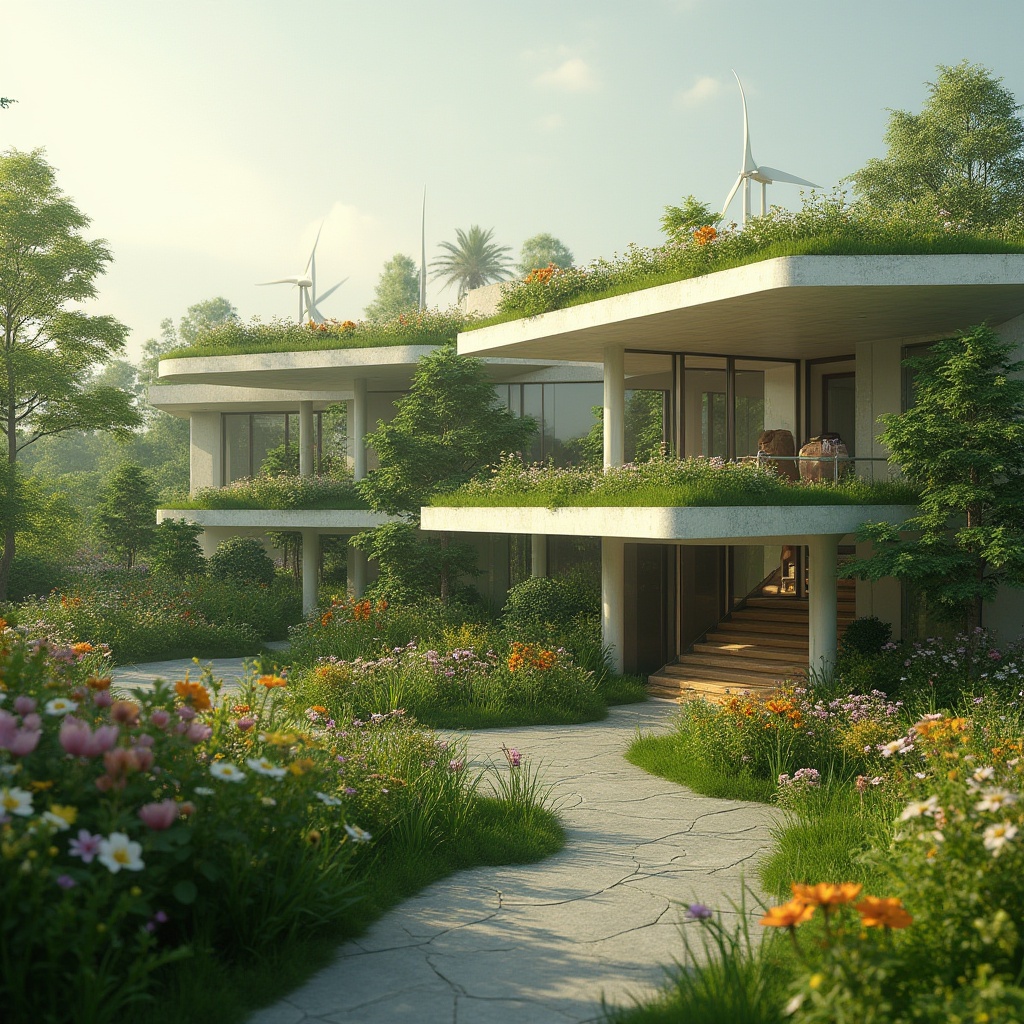 Prompt: Eco-friendly modern architecture, green roofs, solar panels, wind turbines, water conservation systems, recycled materials, minimalist design, natural ventilation systems, energy-efficient solutions, sustainable urban planning, lush greenery, vibrant flowers, serene atmosphere, soft warm lighting, shallow depth of field, 3/4 composition, panoramic view, realistic textures, ambient occlusion.