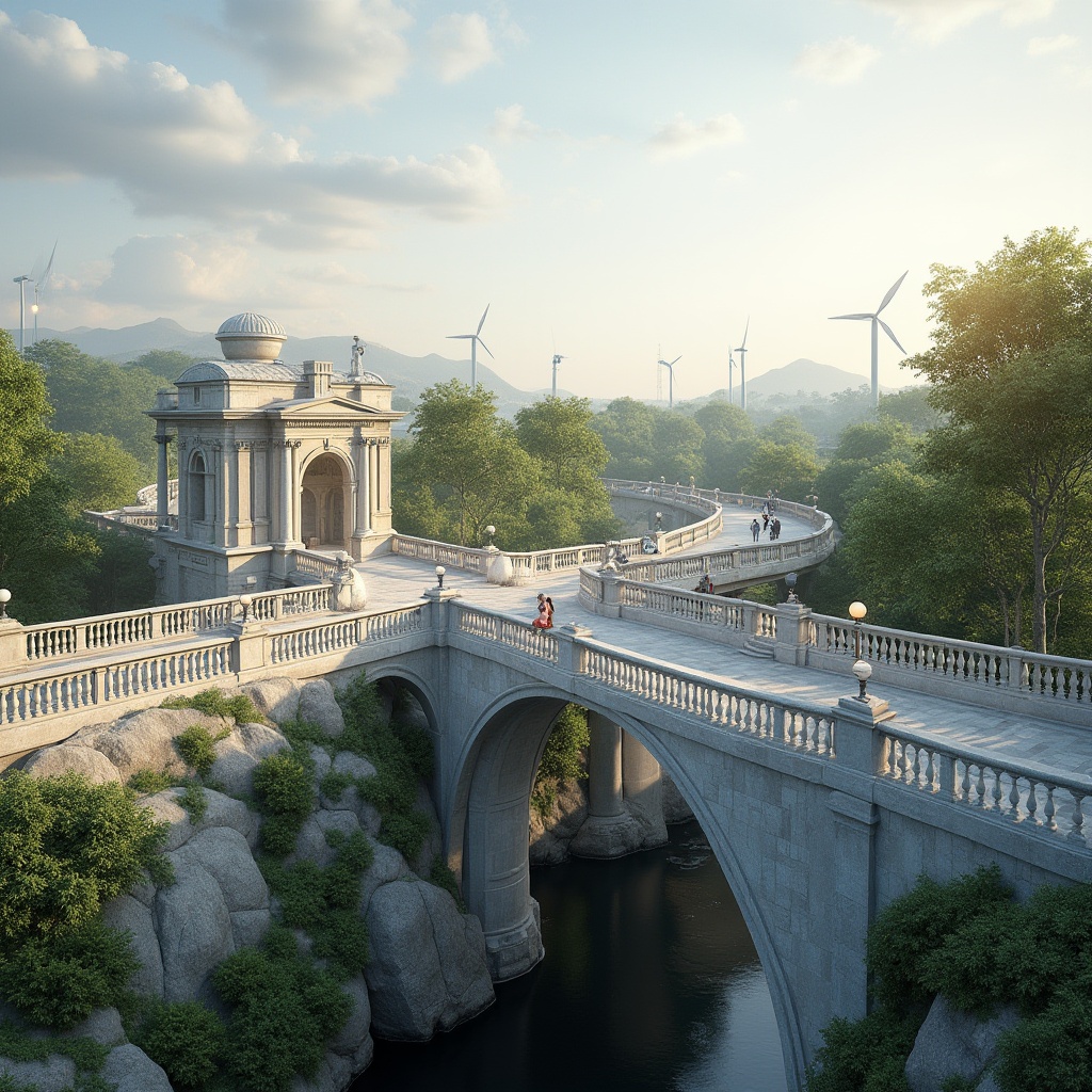 Prompt: Elegant neoclassical bridge, ornate stone balustrades, refined metal railings, lush greenery, solar panels, wind turbines, hydroelectric power generation, eco-friendly materials, recycled steel structures, minimalist design, curved arches, grandiose columns, pedestrian walkways, cyclist paths, natural stone piers, water feature integration, soft warm lighting, shallow depth of field, 3/4 composition, panoramic view, realistic textures, ambient occlusion.