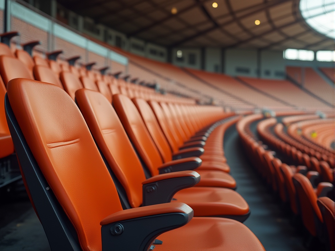 Prompt: Cozy stadium seating, gentle curves, soft cushioning, ergonomic design, vibrant team colors, metallic framework, tiered rows, ample legroom, comfortable armrests, clear sightlines, unobstructed views, natural ventilation, warm ambient lighting, shallow depth of field, 3/4 composition, panoramic view, realistic textures, ambient occlusion.