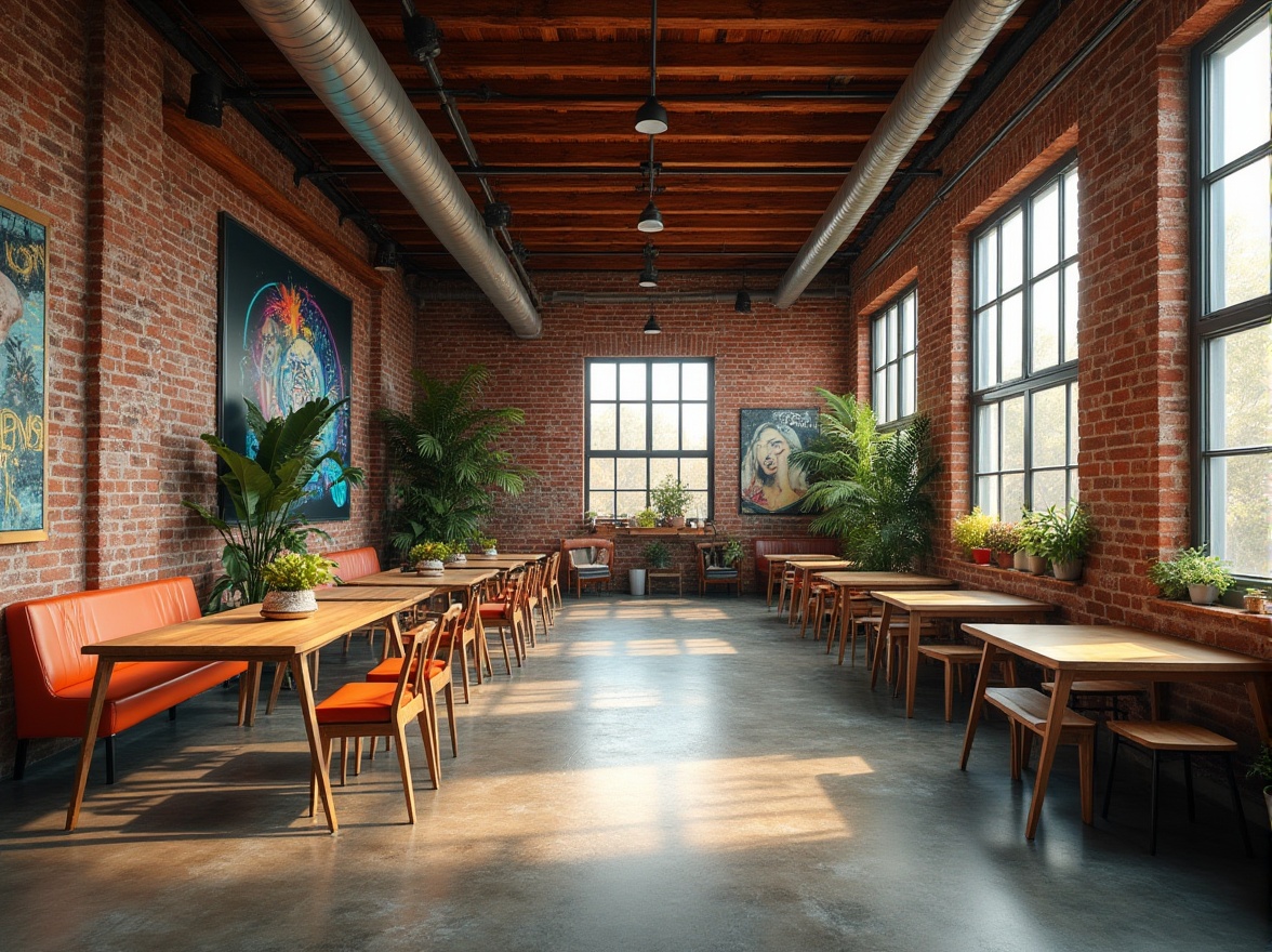 Prompt: Vibrant community center, exposed brick walls, polished concrete floors, reclaimed wood accents, industrial metal beams, eclectic furniture, colorful street art, urban loft atmosphere, natural light pouring in, soft warm glow, shallow depth of field, 3/4 composition, panoramic view, realistic textures, ambient occlusion.