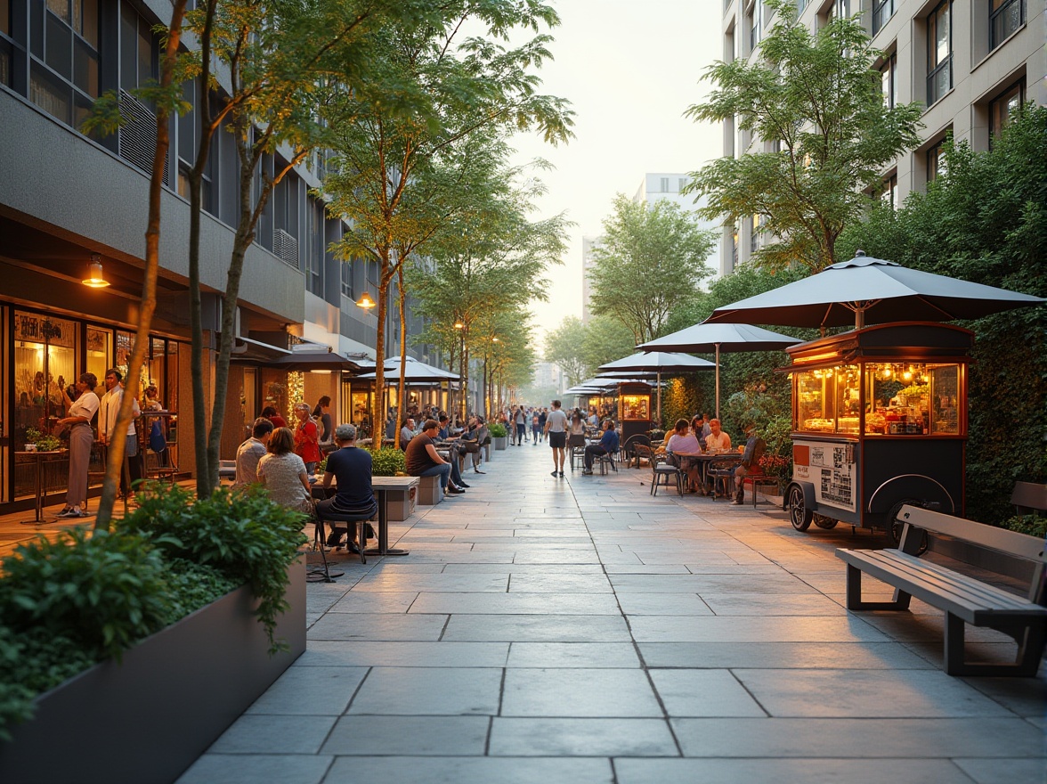 Prompt: Vibrant public plaza, lively street performers, bustling food carts, shaded seating areas, pedestrian-friendly walkways, modern urban architecture, sleek metal benches, greenery walls, natural stone flooring, warm LED lighting, shallow depth of field, 3/4 composition, panoramic view, realistic textures, ambient occlusion.