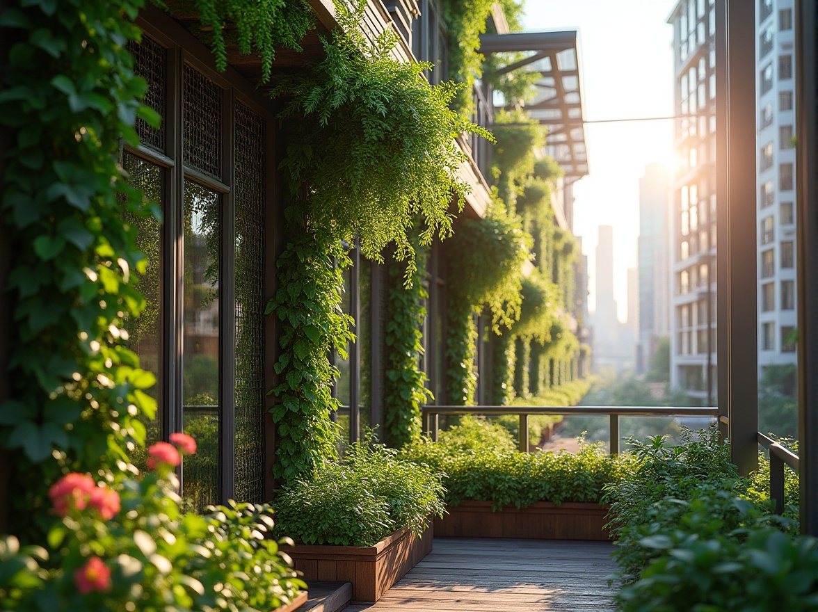 Prompt: Lush green walls, thriving plants, vibrant flowers, trellis systems, wooden planters, steel beams, urban skyscrapers, modern architecture, glass balconies, cityscape views, morning sunlight, soft warm lighting, shallow depth of field, 3/4 composition, panoramic view, realistic textures, ambient occlusion.