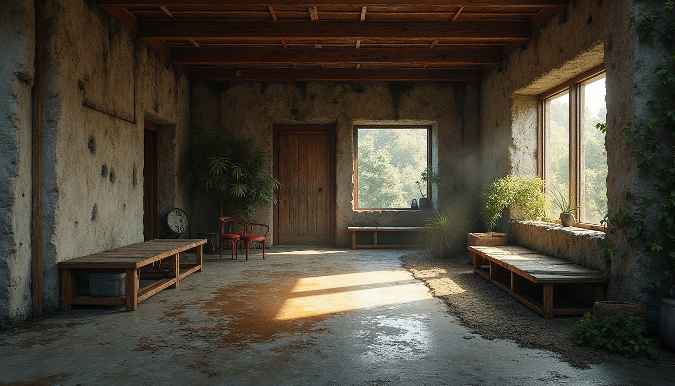 Prompt: Rugged boathouse, brutalist architecture, rough-hewn stone walls, weathered wooden planks, rusty metal accents, distressed concrete floors, industrial-style windows, minimalist decor, natural surroundings, dense foliage, misty atmosphere, warm golden lighting, shallow depth of field, 1/1 composition, realistic textures, ambient occlusion.