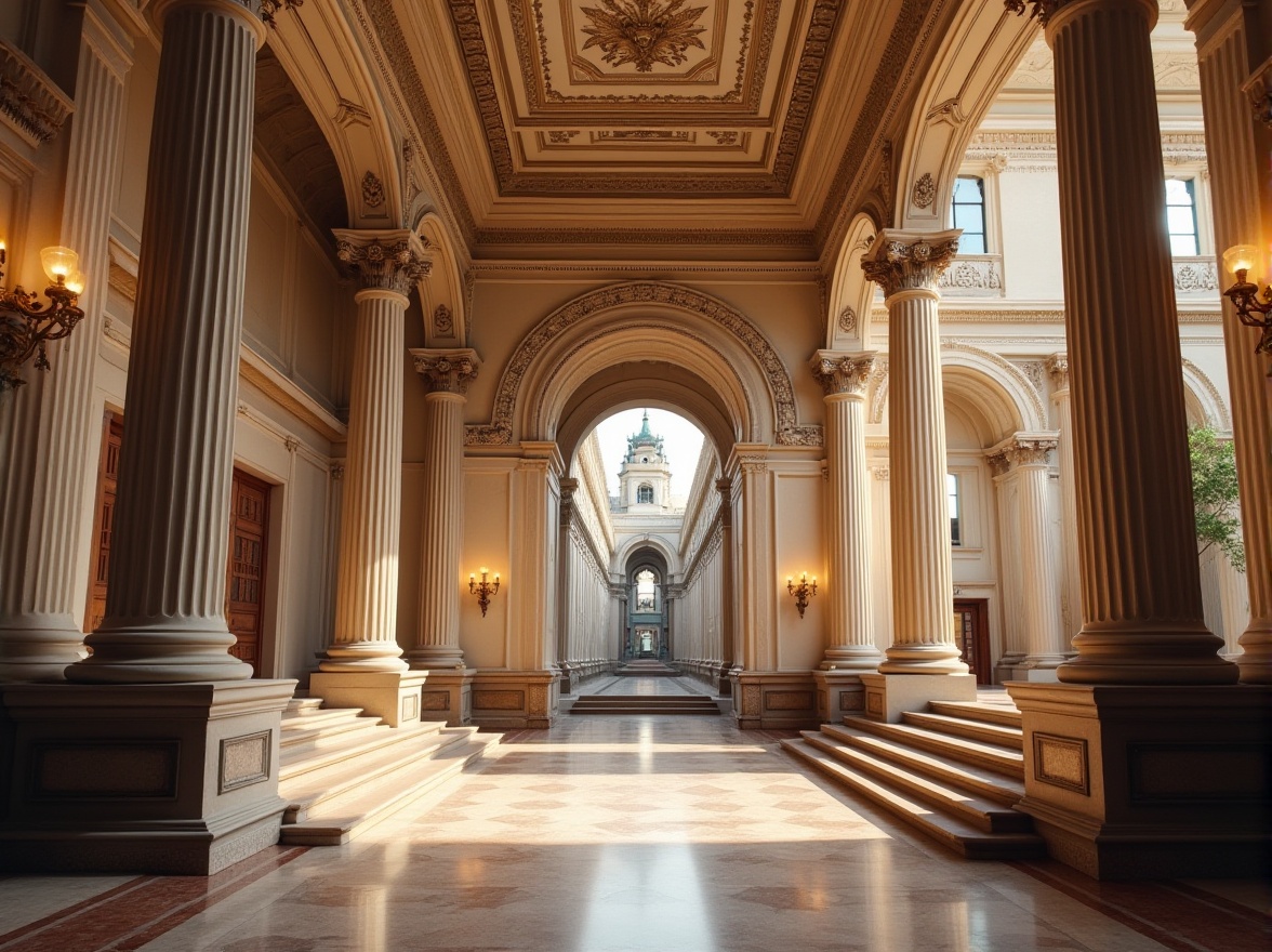 Prompt: Grand university building, neoclassical style, imposing columns, ornate capitals, rusticated bases, symmetrical facade, grand staircase, high ceilings, intricate moldings, marble floors, decorative arches, elegant sconces, bronze door handles, rich wood paneling, stately clock tower, bright natural light, soft warm glow, shallow depth of field, 3/4 composition, realistic textures, ambient occlusion.