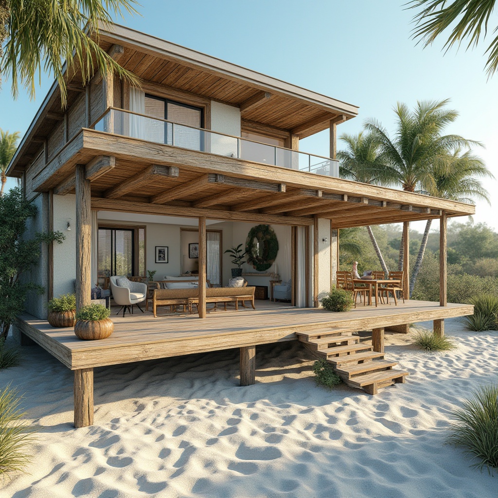 Prompt: Coastal beach house, driftwood accents, weathered wooden decks, rustic metal railings, nautical-themed decor, ocean-inspired color palette, large windows with shutters, sliding glass doors, coral stone walls, sandy dune surroundings, tropical palm trees, warm sunny day, soft natural lighting, shallow depth of field, 3/4 composition, panoramic view, realistic textures, ambient occlusion, cantilevered roofs, open-plan living areas, minimalist interior design, reclaimed wood flooring, beachy textiles, woven rattan furniture.