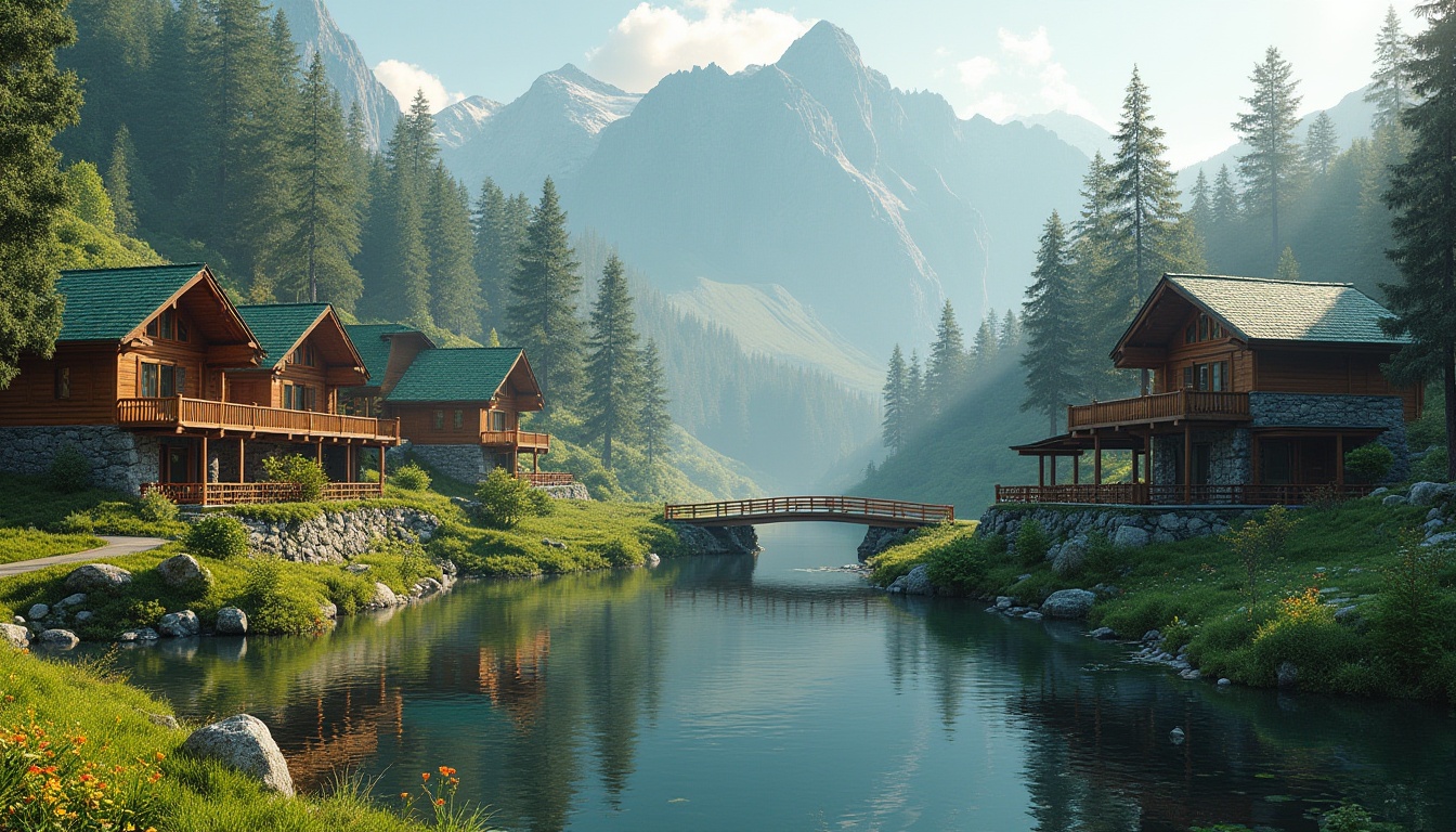 Prompt: Harmonious mountain resort, lush forest surroundings, serene lake reflections, wooden cabin architecture, natural stone foundations, green roof integration, solar panel installations, rustic wooden bridges, meandering walking trails, vibrant wildflowers, misty morning atmosphere, soft warm lighting, shallow depth of field, 3/4 composition, panoramic view, realistic textures, ambient occlusion.