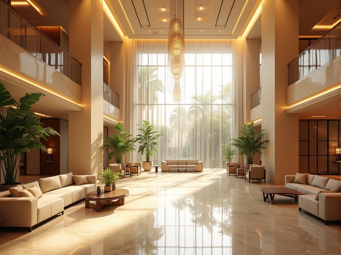 Prompt: Luxurious hotel lobby, high ceilings, grand chandeliers, marble floors, lavish furnishings, warm beige tones, floor-to-ceiling windows, natural light pouring in, soft warm glow, gentle shadows, elegant staircases, spacious atriums, tropical plants, modern minimalist decor, subtle texture contrasts, neutral color palette, airy atmosphere, calm ambiance, soft focus, shallow depth of field, 1/1 composition, realistic renderings.