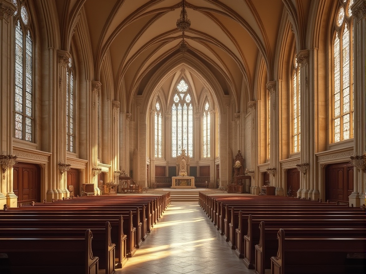 Prompt: Vaulted ceilings, stunning stained glass windows, clerestory windows, natural stone walls, wooden pews, ornate chandeliers, grandiose entrance doors, intricate carvings, majestic altar, subtle color palette, warm beige tones, soft diffused lighting, indirect illumination, 1/1 composition, symmetrical framing, high-contrast ratio, dramatic shadows, realistic textures, ambient occlusion.