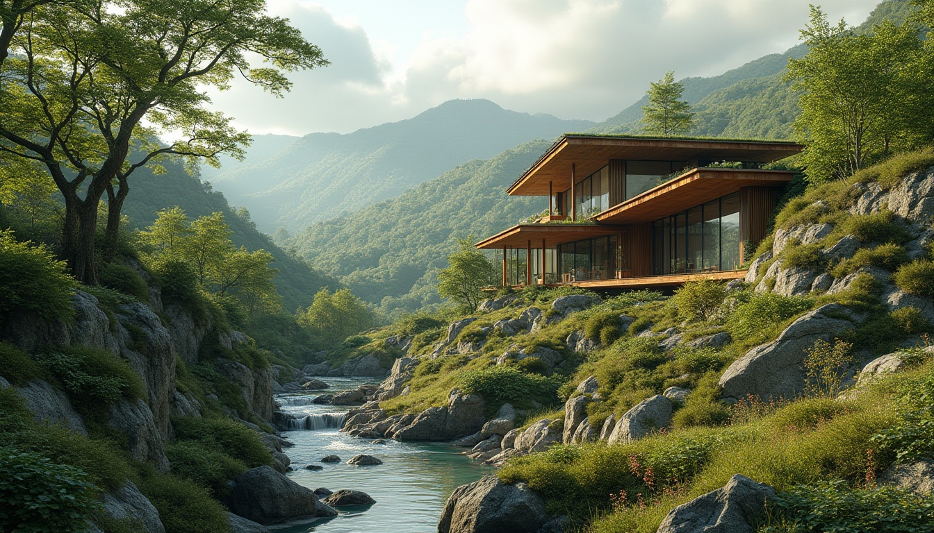 Prompt: Harmonious landscape integration, blending modern architecture with natural surroundings, lush green forests, rolling hills, meandering streams, rustic stone walls, wooden accents, earthy tones, organic shapes, seamless transitions, native plant species, wildlife habitats, sustainable design, eco-friendly materials, renewable energy systems, solar panels, wind turbines, rainwater harvesting, green roofs, living walls, natural ventilation, soft diffused lighting, warm earthy color palette, 1/2 composition, atmospheric perspective, realistic textures.