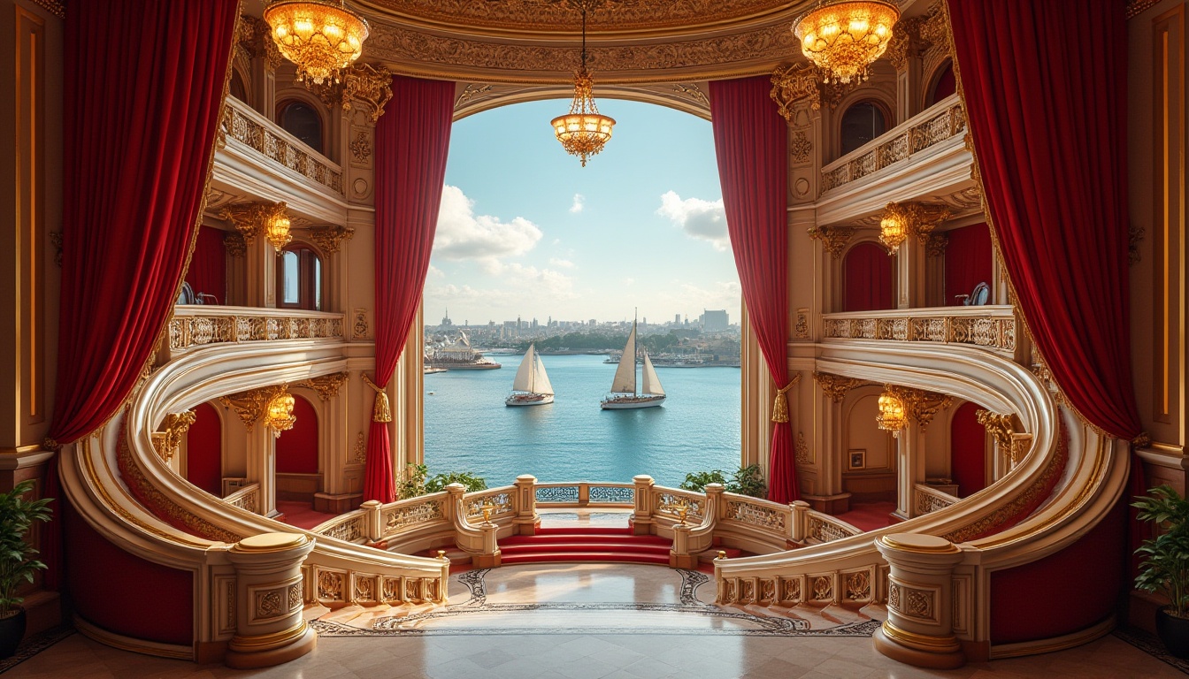 Prompt: Grand opera house, majestic architecture, sweeping curves, dramatic staircases, ornate balconies, lavish chandeliers, red velvet curtains, gold leaf accents, marble floors, scenic waterfront views, Sydney Harbour backdrop, sailboat silhouettes, vibrant blue skies, warm golden lighting, shallow depth of field, 2/3 composition, symmetrical framing, realistic reflections, ambient occlusion.