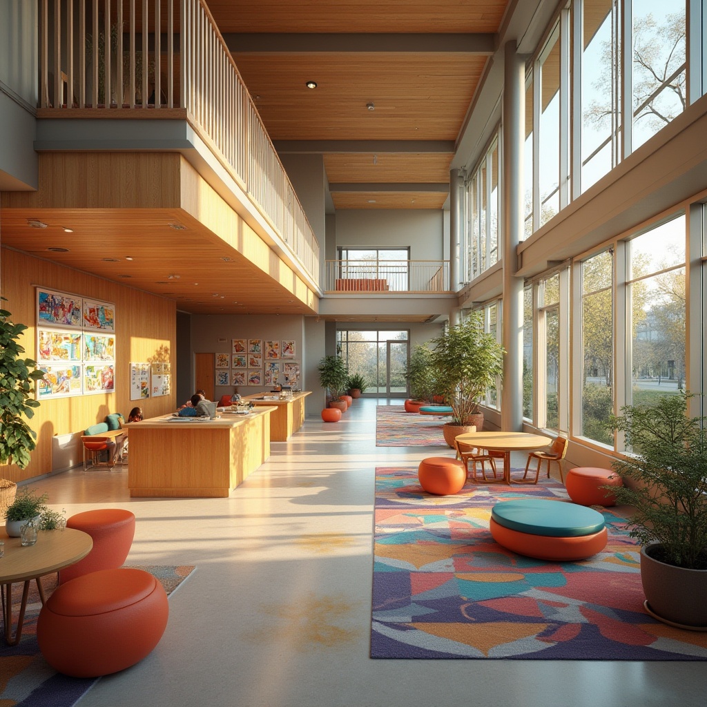 Prompt: Vibrant community center, modern architecture, open floor plans, natural light, wooden accents, cozy nooks, plush furnishings, colorful textiles, geometric patterns, collaborative workspaces, interactive exhibits, educational murals, inclusive amenities, accessible ramps, warm ambiance, soft lighting, shallow depth of field, 3/4 composition, panoramic view, realistic textures, ambient occlusion.