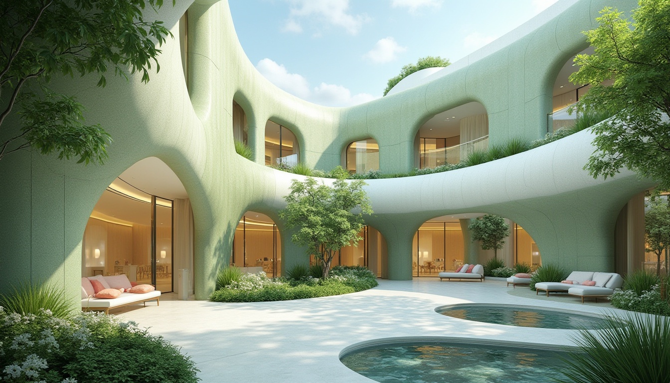 Prompt: Curved facade, futuristic architecture, calming green walls, natural stone accents, floor-to-ceiling windows, abundant daylight, minimalist interior design, soothing color palette, healing gardens, water features, gentle fountains, comfortable seating areas, modern medical equipment, advanced technology integration, sustainable building materials, energy-efficient systems, ample parking spaces, wheelchair accessibility, serene ambiance, shallow depth of field, 1/1 composition, softbox lighting, realistic textures.