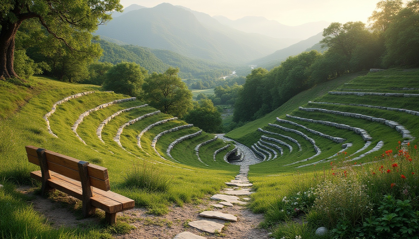 Prompt: Natural amphitheater setting, lush green hills, winding stone paths, tiered seating areas, integrated landscape design, native plant species, wildflowers, grassy slopes, rustic wooden benches, scenic overlooks, panoramic views, soft warm lighting, shallow depth of field, 3/4 composition, realistic textures, ambient occlusion.