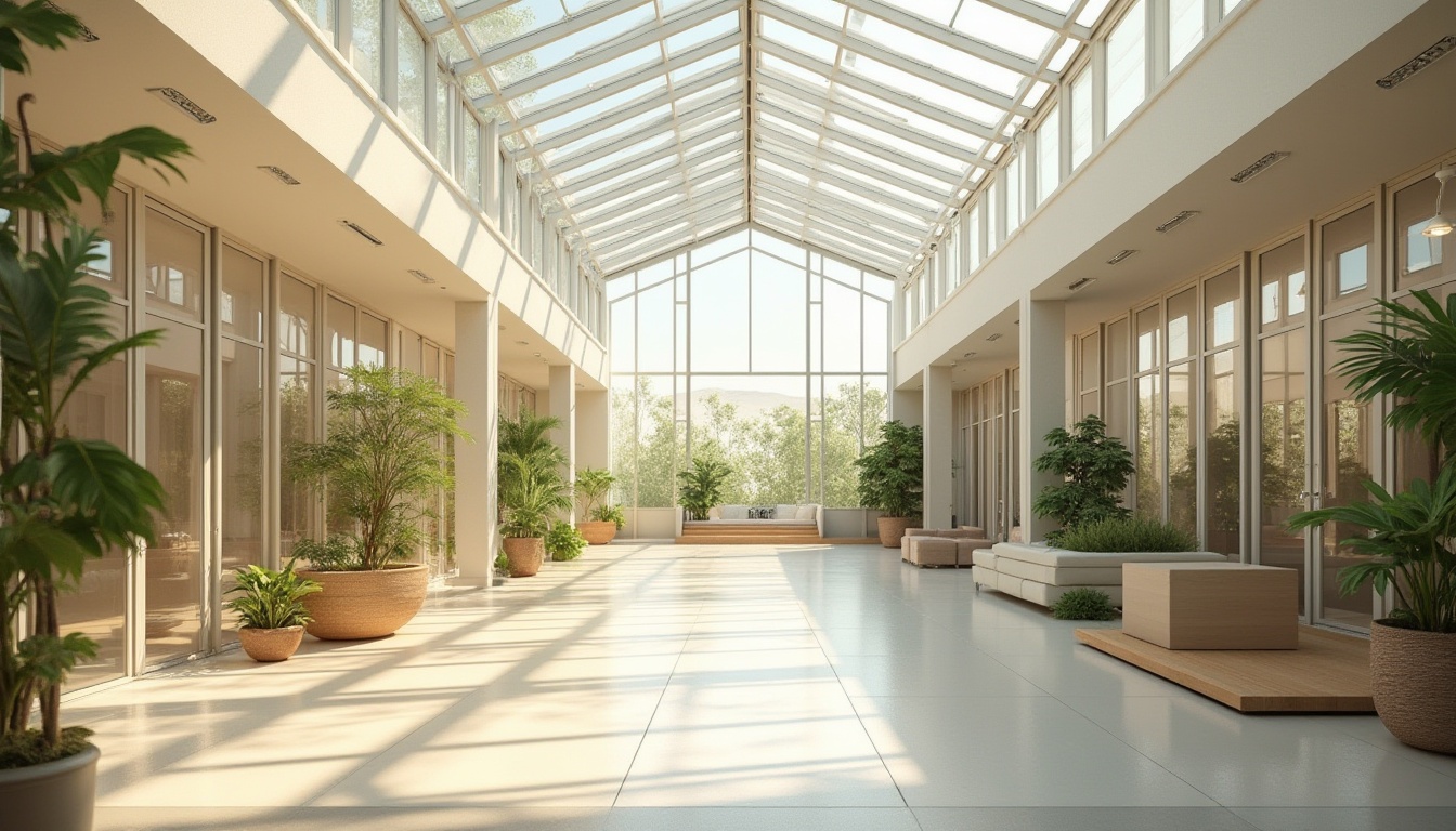 Prompt: Soft warm natural light, large windows, glass doors, transparent roofs, minimal shading devices, open floor plans, reflective surfaces, light-colored walls, clerestory windows, skylights, atriums, greenhouses, solar tubes, LED lighting, ambient occlusion, realistic textures, shallow depth of field, 3/4 composition, panoramic view.