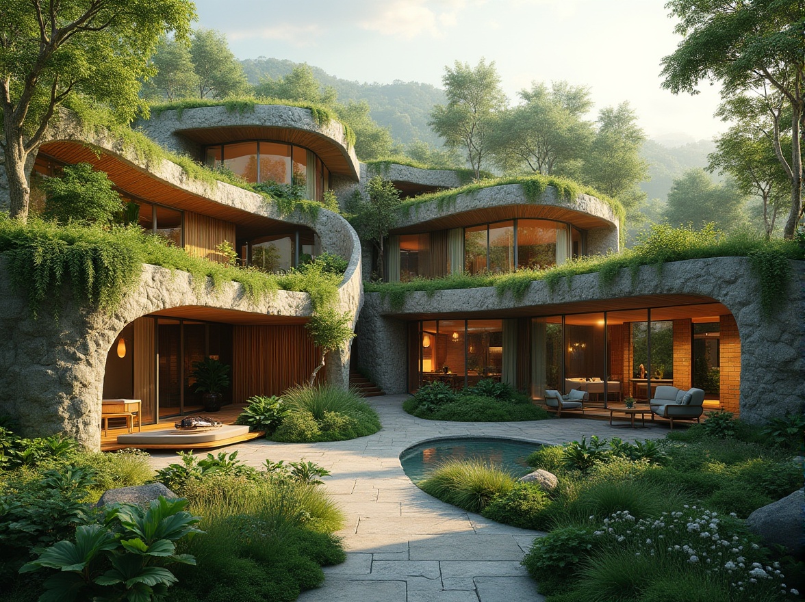 Prompt: Harmonious blend of architecture and nature, organic shapes, green roofs, living walls, natural stone fa\u00e7ades, wooden accents, floor-to-ceiling windows, panoramic views, seamless transitions, outdoor spaces merging with interior, lush vegetation, trees surrounding buildings, eco-friendly materials, sustainable design, minimal environmental impact, soft warm lighting, shallow depth of field, 3/4 composition, realistic textures, ambient occlusion.