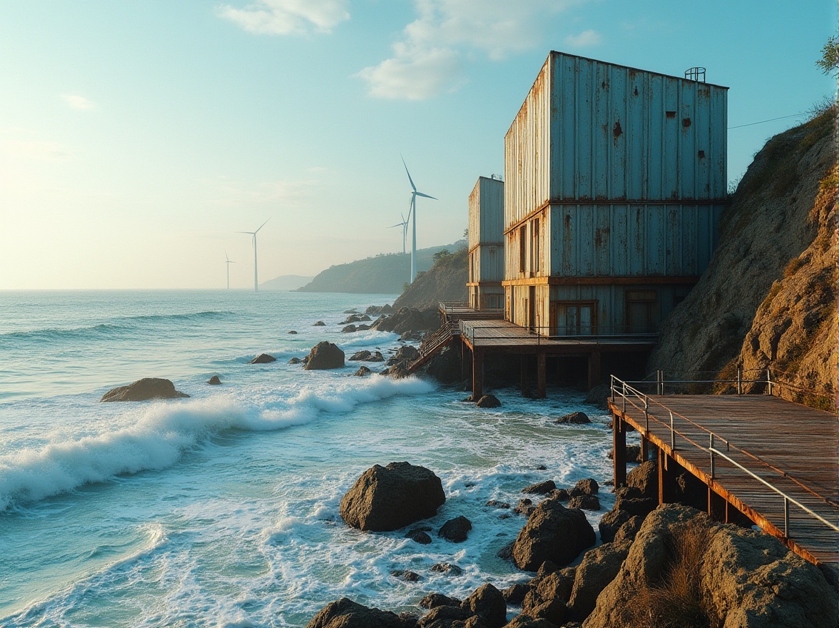 Prompt: Rugged coastline, crashing waves, salty sea air, weathered steel structures, rusty metal textures, industrial aesthetic, modern coastal architecture, angular lines, minimalist design, sustainable energy solutions, wind turbines, ocean-inspired color palette, blue-green hues, corroded steel facades, driftwood accents, reclaimed wood decking, beachy vibe, natural light, soft warm glow, shallow depth of field, 2/3 composition, realistic materials, ambient occlusion.