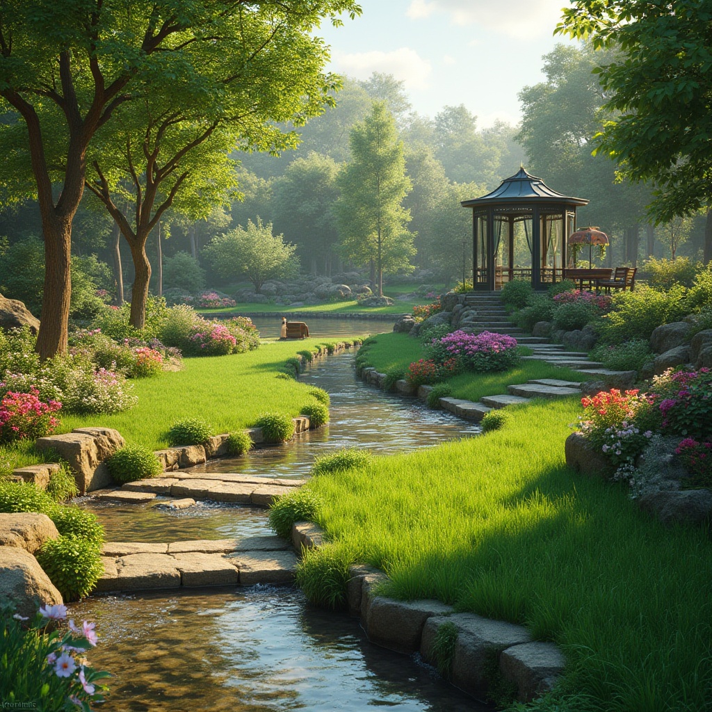 Prompt: Lush green lawns, blooming flowers, rustic stone pathways, meandering streams, serene water features, natural rock formations, vibrant tree canopies, colorful botanical gardens, wooden garden benches, ornate metal gazebos, tranquil outdoor spaces, soft warm lighting, shallow depth of field, 3/4 composition, panoramic view, realistic textures, ambient occlusion.