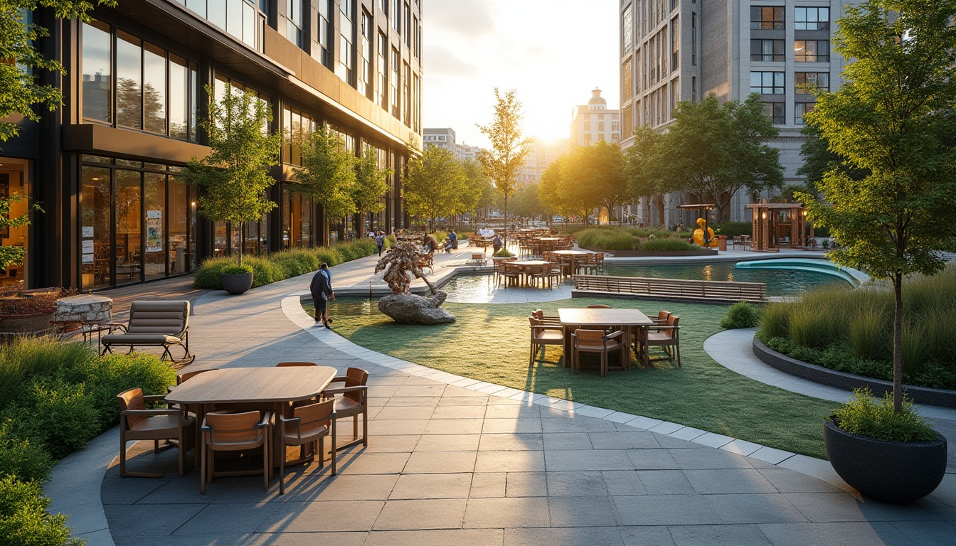 Prompt: Vibrant public plaza, lush greenery, walking paths, street furniture, community art installations, interactive water features, playground equipment, amphitheater seating, educational signage, modern urban architecture, large glass facades, natural stone pavements, warm evening lighting, shallow depth of field, 3/4 composition, panoramic view, realistic textures, ambient occlusion.