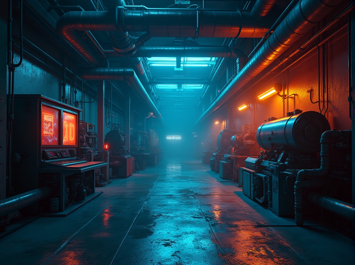 Prompt: Industrial factory setting, neon-lit machinery, metallic surfaces, exposed pipes, concrete floors, futuristic architecture, sleek angular lines, vibrant electric blue, deep crimson red, bright citrus yellow, rich charcoal grey, soft misty atmosphere, high-contrast lighting, dramatic shadows, 3/4 composition, realistic textures, ambient occlusion.