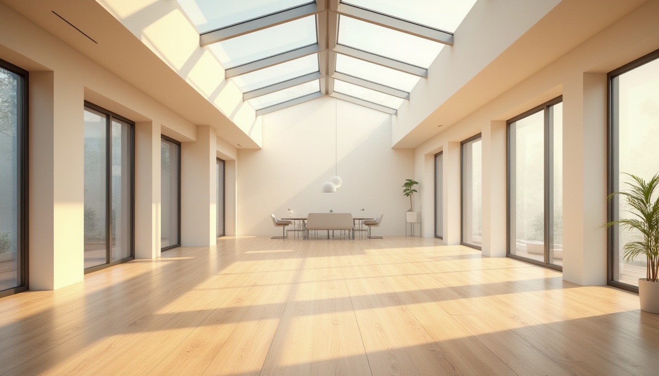 Prompt: Soft warm daylight, large windows, minimal window frames, clerestory windows, skylights, translucent roofs, open floor plans, reflective surfaces, polished wood floors, creamy white walls, airy atmosphere, natural textures, subtle shadows, gentle highlights, warm color palette, cozy ambiance, inviting spaces, peaceful environment, soft diffused light, 1/1 composition, high dynamic range, realistic rendering.