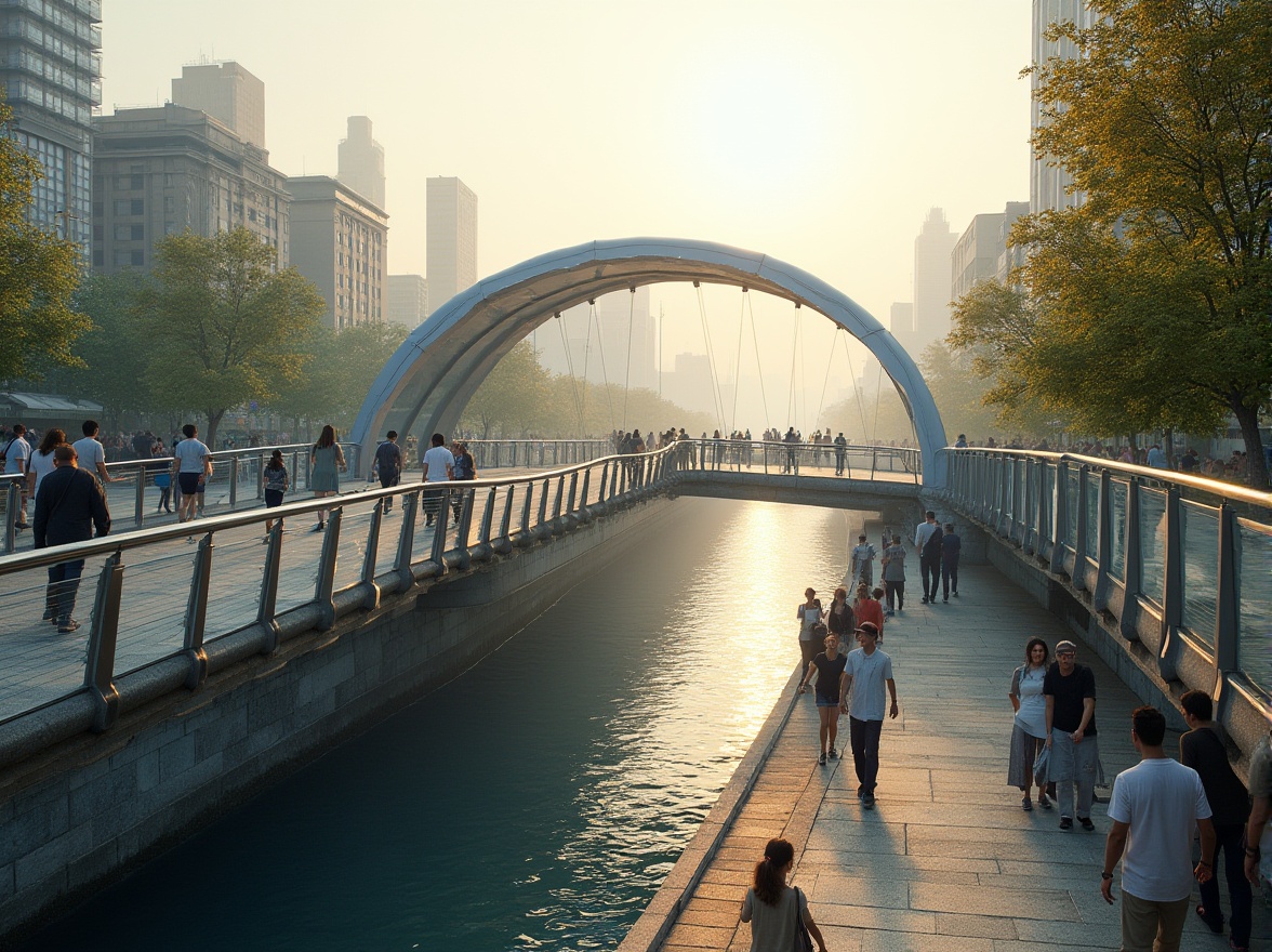 Prompt: Curved pedestrian bridge, sleek modern design, stainless steel structure, glass railings, vibrant urban landscape, bustling city streets, greenery-lined walkways, natural stone pavers, scenic river views, misty morning atmosphere, warm golden lighting, shallow depth of field, 1/2 composition, realistic reflections, ambient occlusion, lively street furniture, dynamic crowd simulation.