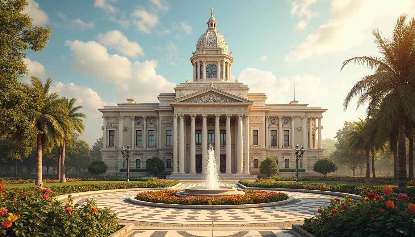 Prompt: Grandiose courthouse, ornate Art Deco fa\u00e7ade, symmetrical columns, intricate stone carvings, lavish fountain, manicured lawns, vibrant flowerbeds, geometric patterned walkways, bronze statue, majestic clock tower, warm sunny day, soft golden lighting, shallow depth of field, 1/1 composition, realistic textures, ambient occlusion.