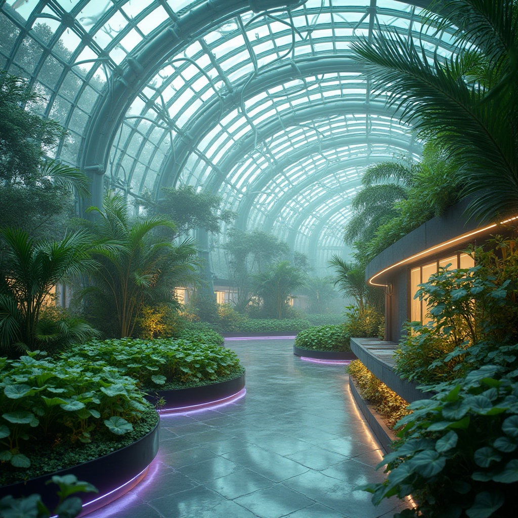 Prompt: Futuristic greenhouse, lush tropical plants, iridescent glass domes, sustainable energy systems, hydroponic farming, misting irrigation, climate-controlled environments, angular steel frames, curved lines, vibrant LED lighting, neon-lit walkways, futuristic furniture, space-age decor, panoramic views, shallow depth of field, 1/1 composition, realistic textures, ambient occlusion, atmospheric fog effects.