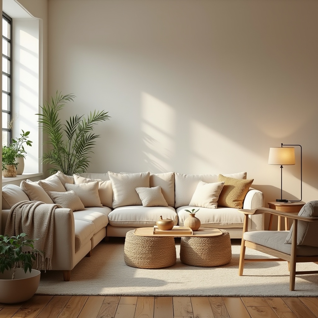 Prompt: Cozy living room, plush sofas, accent chairs, wooden coffee tables, soft cushions, warm beige tones, natural textiles, woven baskets, potted greenery, floor lamps, rustic wood flooring, modern minimalist decor, subtle patterns, calming ambiance, softbox lighting, shallow depth of field, 2/3 composition, realistic furniture textures, ambient occlusion.