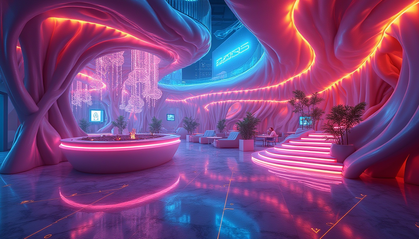 Prompt: Vibrant neon lights, undulating curves, fluid shapes, iridescent colors, glossy finishes, futuristic ambiance, lavish decorations, opulent chandeliers, intricate patterns, biomorphic structures, organic forms, curved staircases, winding corridors, immersive gaming experiences, luxurious lounges, VIP areas, ambient electronic music, mesmerizing light shows, 3D projections, dynamic reflections, shallow depth of field, cinematic composition.